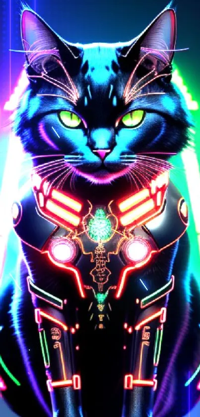 Vibrant neon cyber cat with glowing LEDs, perfect for tech-savvy wallpapers.