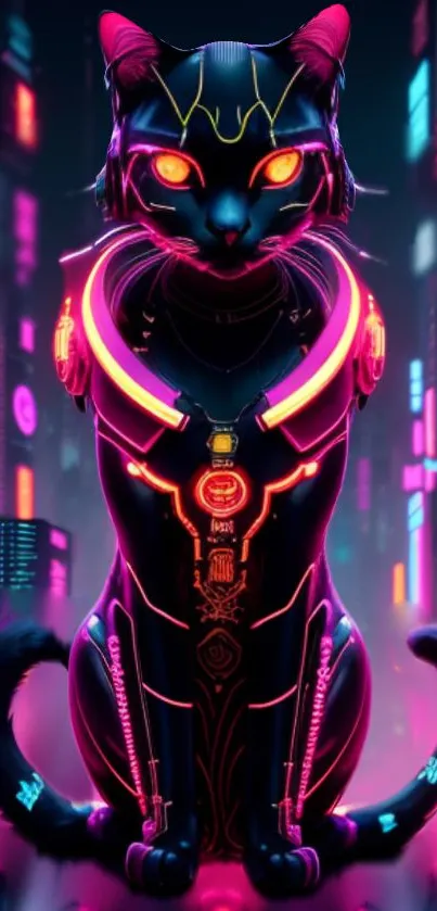 Futuristic neon cyber cat with vibrant pink tones.