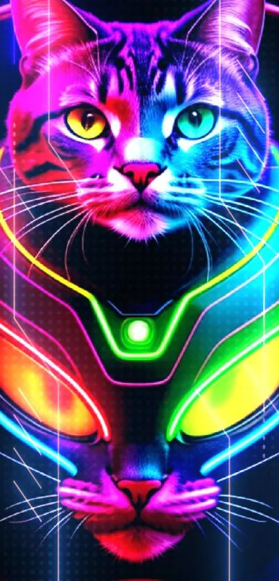 Neon cyber cat with glowing colors and a futuristic design on a dark background.