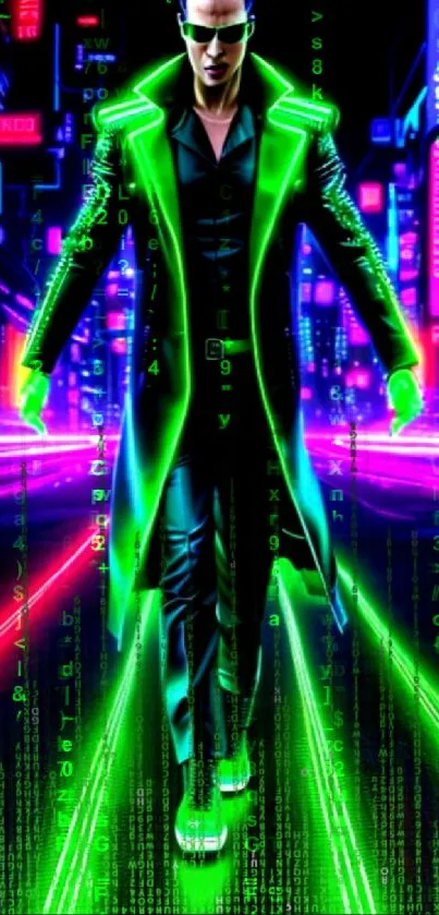 Futuristic neon cyber cityscape with a sci-fi character in vivid colors.