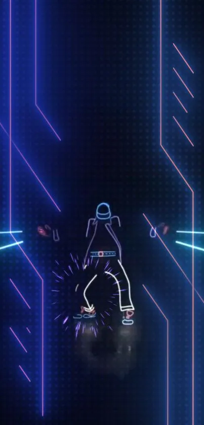 Neon cyber dancer with glowing blue and purple accents on a dark background.