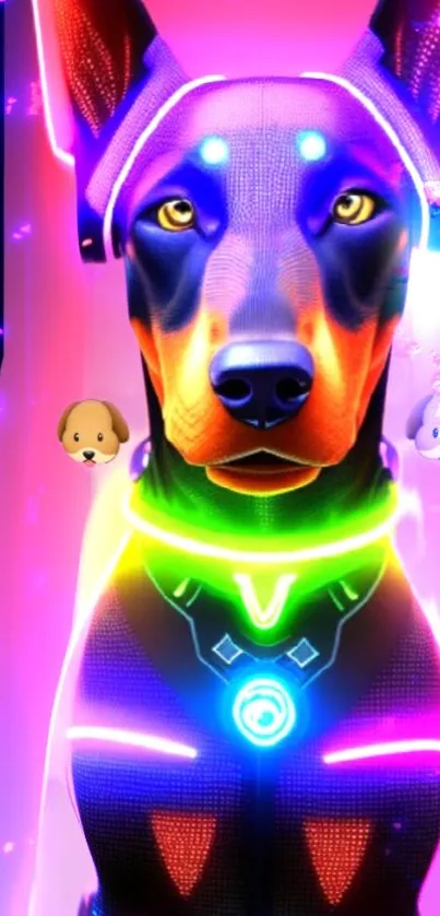 Neon cyber dog wallpaper with vibrant colors and futuristic design.