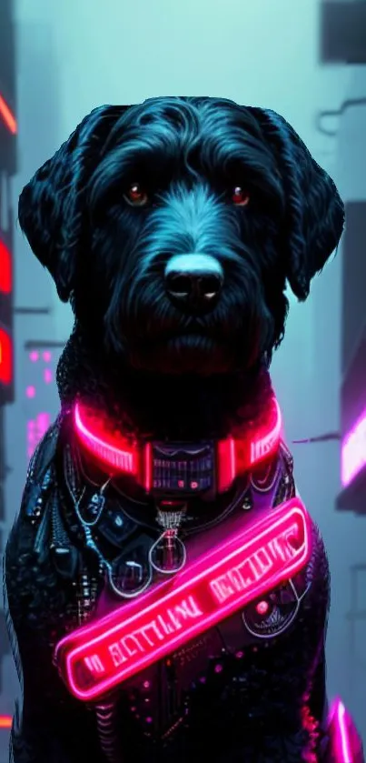 Neon cyber dog with a futuristic city background.