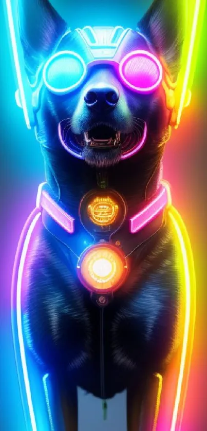 Neon cyber dog in a colorful LED-lit style, perfect for tech lovers.