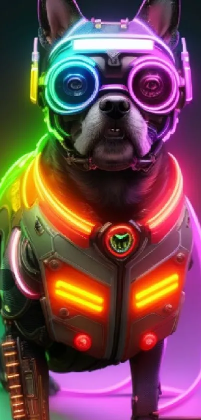 Neon cybernetic dog with glowing LED harness.