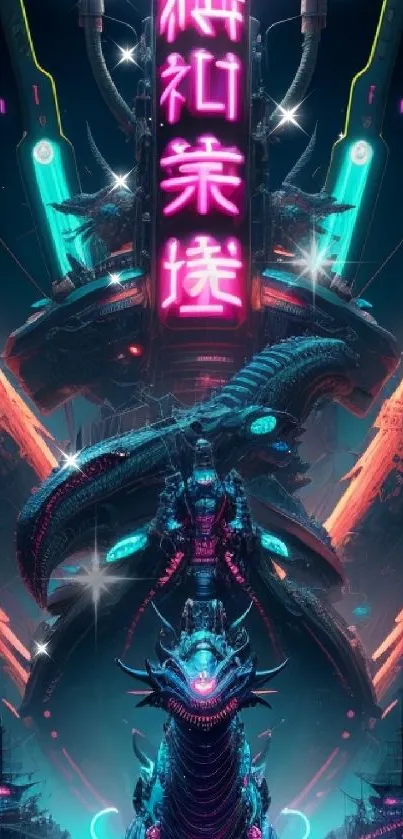 Neon cyber dragon with futuristic Asian design.