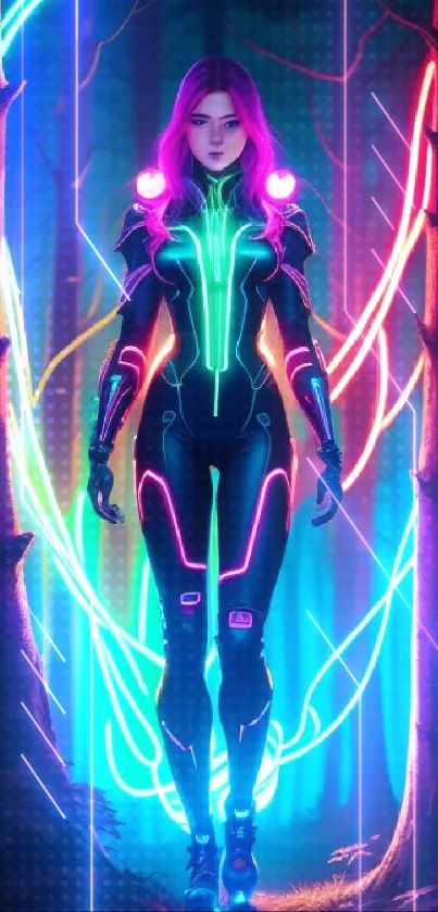 Futuristic neon character in a glowing forest.