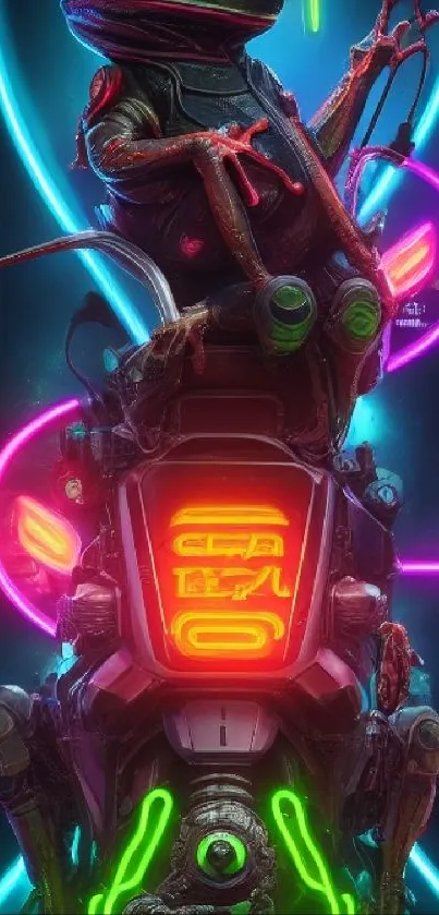 Neon cyber frog with vibrant colors and futuristic design.