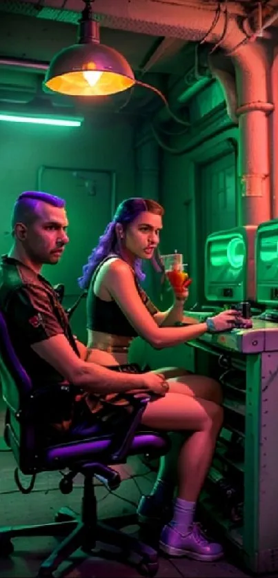 Neon-lit gaming duo in futuristic room setting.