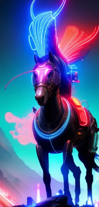 Neon cyber horse in a futuristic landscape.