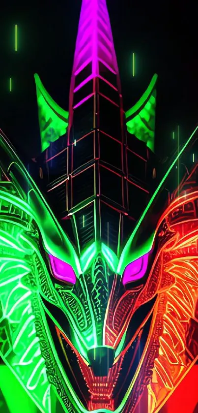 Vibrant neon cyber mask with green and red colors.