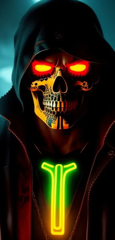 Neon cyber skull with glowing eyes in a dark futuristic design.