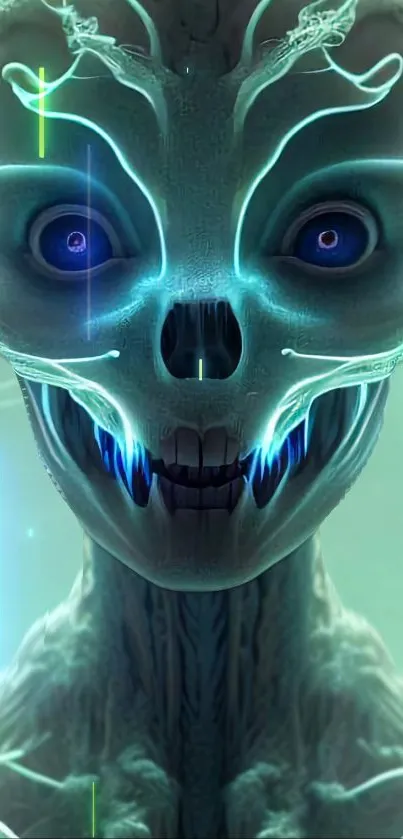 Futuristic neon cyber skull with glowing blue patterns.