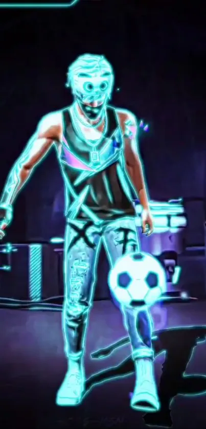 Neon cyber soccer player performing a trick.