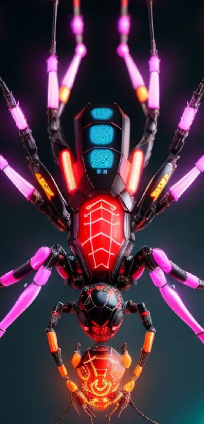 Neon cyber spider with vibrant colors on dark background.