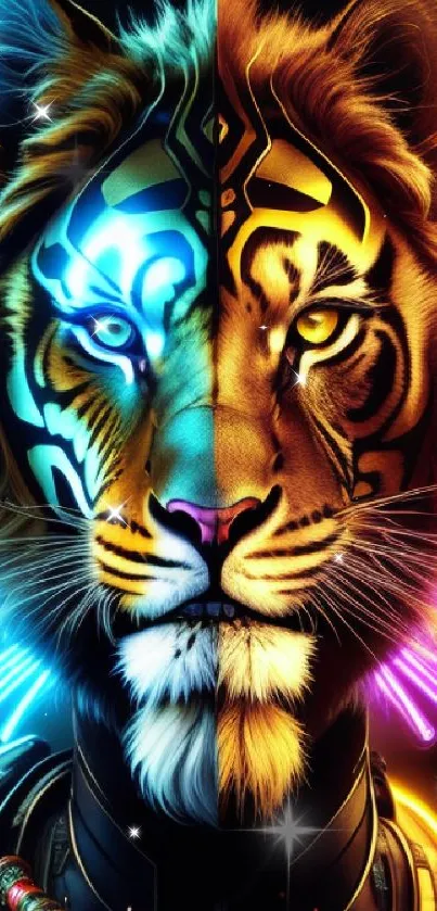 Futuristic neon cyber tiger with vibrant glow and intricate design.