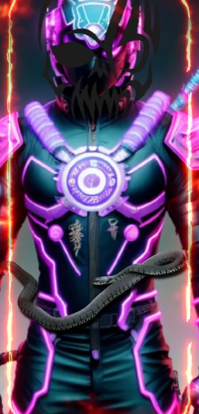 Neon cyber warrior with purple accents and vibrant futuristic design.