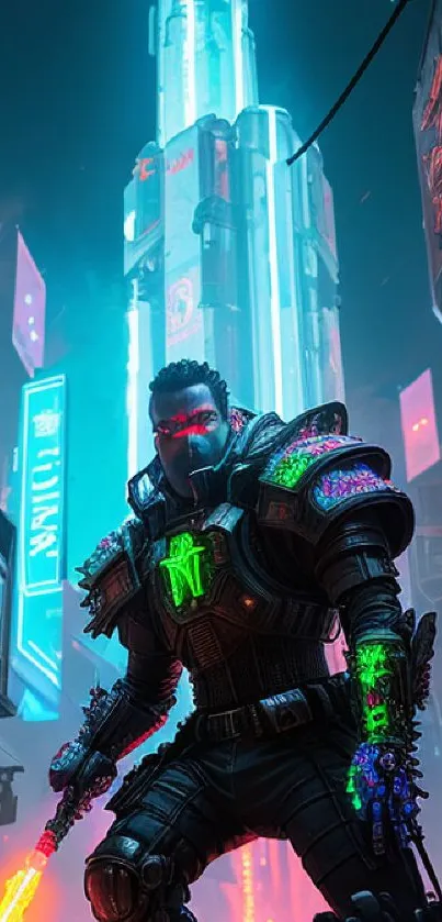 Cyberpunk warrior amidst neon urban lights.