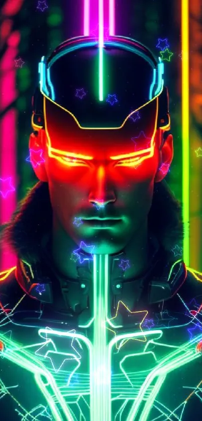 Neon cyber warrior glowing with vibrant colors in a futuristic setting.