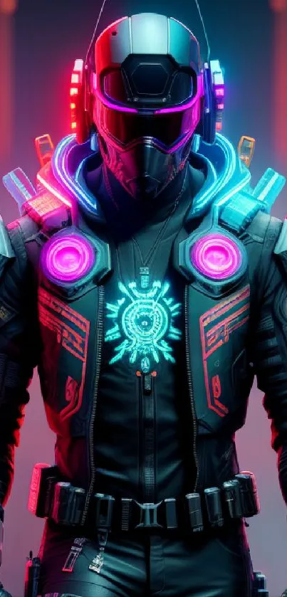 Futuristic cyber warrior with neon lights.