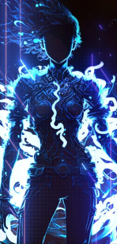 Neon cyber warrior silhouette in electric blue. Futuristic digital art wallpaper.