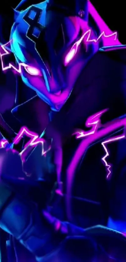 Neon cyber-themed warrior in glowing pink and blue.