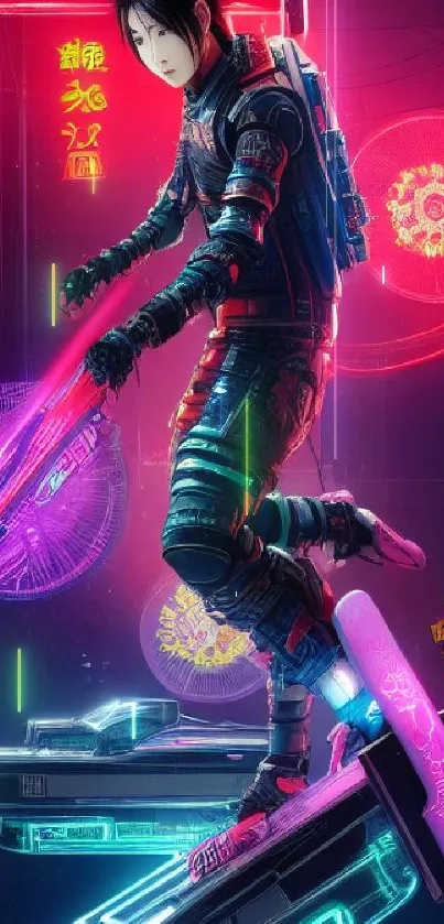 Neon cyber warrior with vibrant colors and futuristic flair.