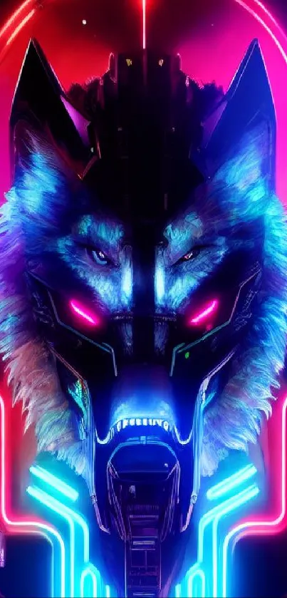 Vibrant neon cyber wolf digital art with pink and blue accents.