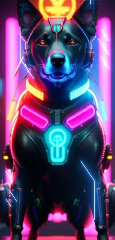 Futuristic neon cyberdog with glowing lights.