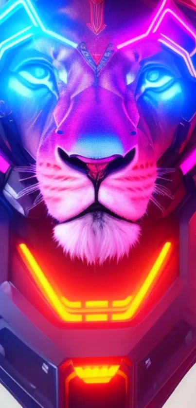 Futuristic neon cybernetic lion face with vibrant colors.