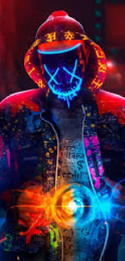 Cyberpunk neon wallpaper with hooded figure in vibrant colors.