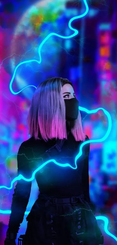 Vibrant cyberpunk wallpaper with neon lights and a masked figure in a futuristic cityscape.