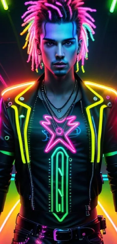 Colorful cyberpunk character in neon lights.