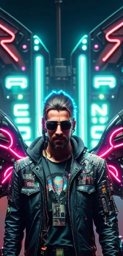 Neon cyberpunk figure with wings, vibrant colors.