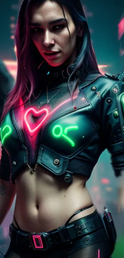 Neon cyberpunk angel on dark background.