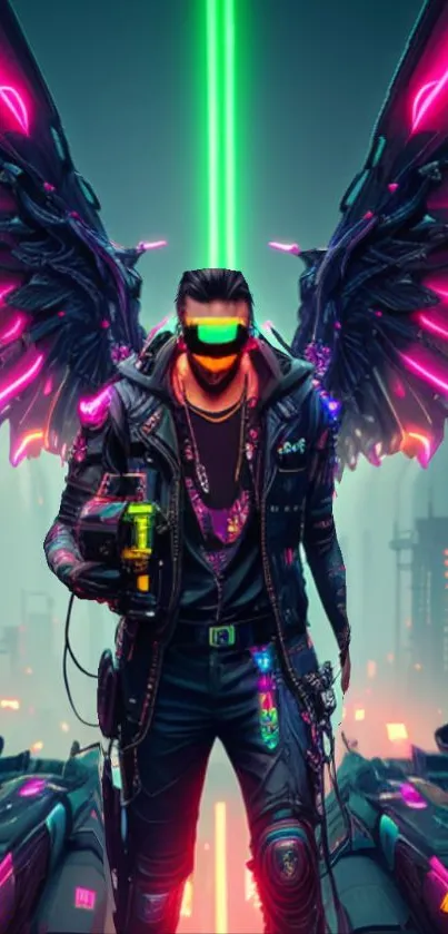 Futuristic neon cyberpunk figure with wings in vibrant cityscape.