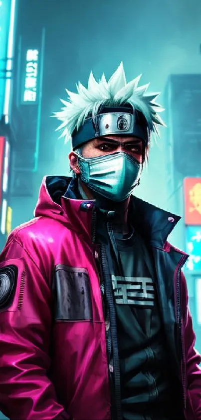 Anime character in neon-lit cyberpunk cityscape.