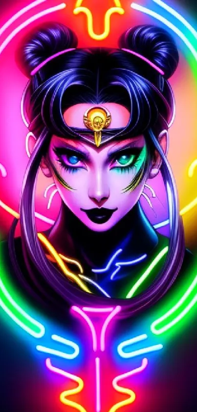 Neon cyberpunk anime character with colorful glowing effects.