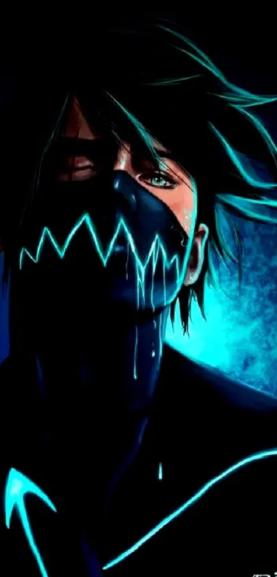 Anime character with neon glow mask in dark tones, cyberpunk style.