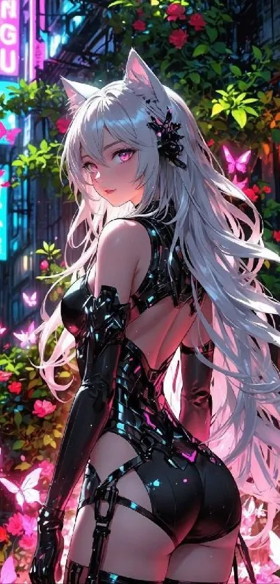 Anime character in cyber outfit with neon pink background.