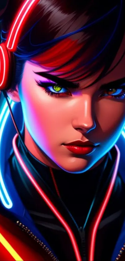 Vibrant neon cyberpunk art portrait with futuristic design and colors.