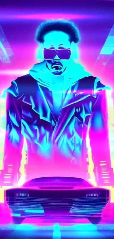 Neon cyberpunk artwork featuring a futuristic character and car in vibrant colors.