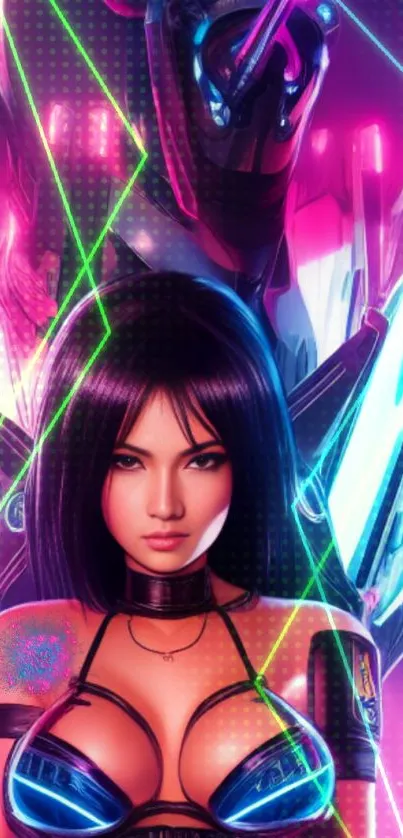 Colorful cyberpunk art with neon lights and futuristic character.