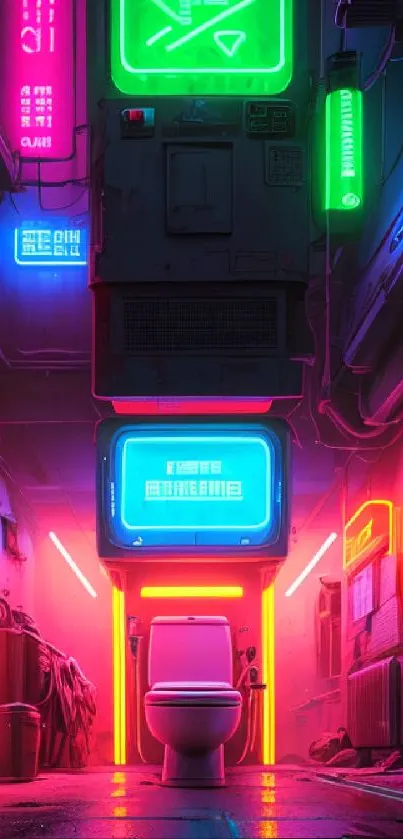 Neon cyberpunk bathroom with vibrant signs.