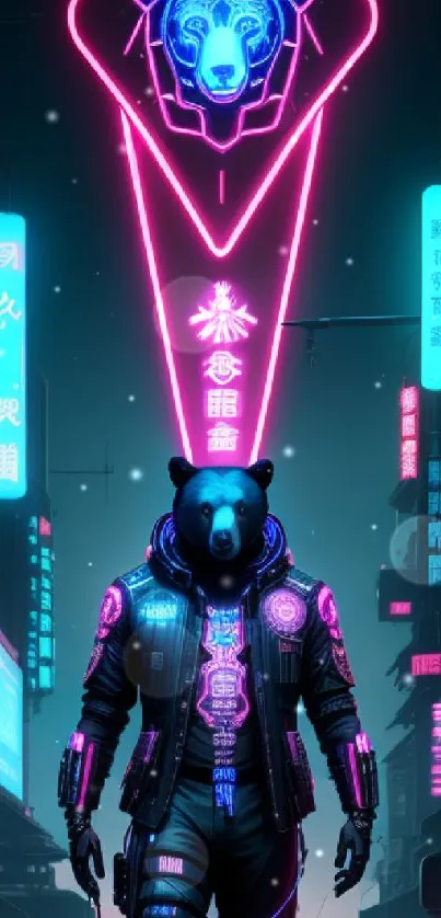 Neon cyberpunk bear walking in vibrant cityscape with colorful lights.