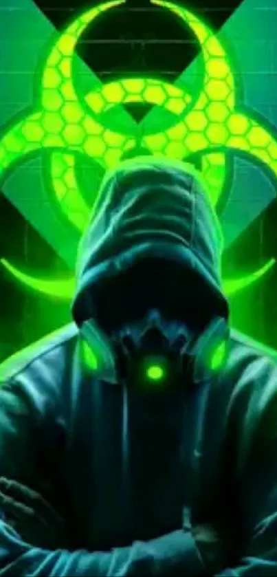 Hooded figure with neon green biohazard symbol on a dark background.