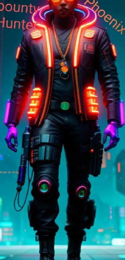 Neon bounty hunter in cyberpunk cityscape with vibrant lights.