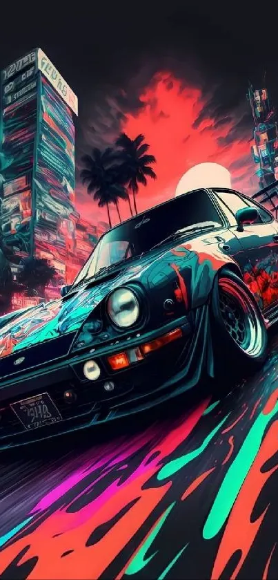 Cyberpunk car in neon cityscape with vibrant colors.