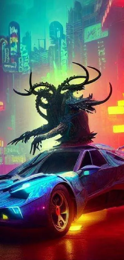 Neon cyberpunk car with dragon in futuristic cityscape.