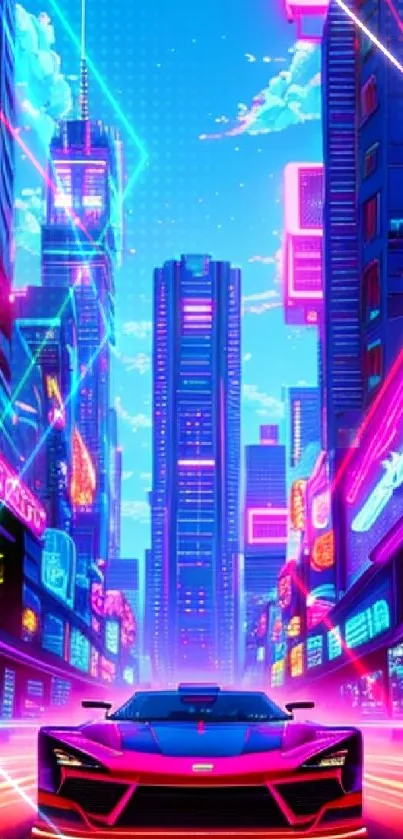 Futuristic neon cityscape with a sleek car glowing under bright lights.